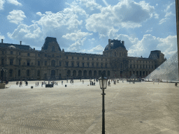 The Louvre Pyramid at the Cour Napoleon courtyard and the Denon Wing of the Louvre Museum, viewed from the Ground Floor of the Richelieu Wing