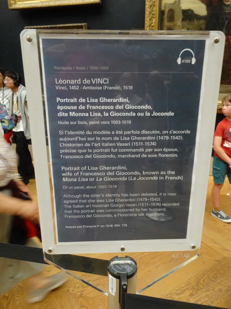 Explanation on the painting `Mona Lisa` by Leonardo da Vinci at the First Floor of the Denon Wing of the Louvre Museum