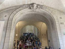 The Daru Staircase with the statue `Winged Victory of Samothrace` at the Denon Wing of the Louvre Museum, viewed from the Ground Floor