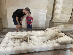 Tim and Max with the statue `Sleeping Hermaphrodite` at the Salle des Cariatides room at the Ground Floor of the Sully Wing of the Louvre Museum, with explanation