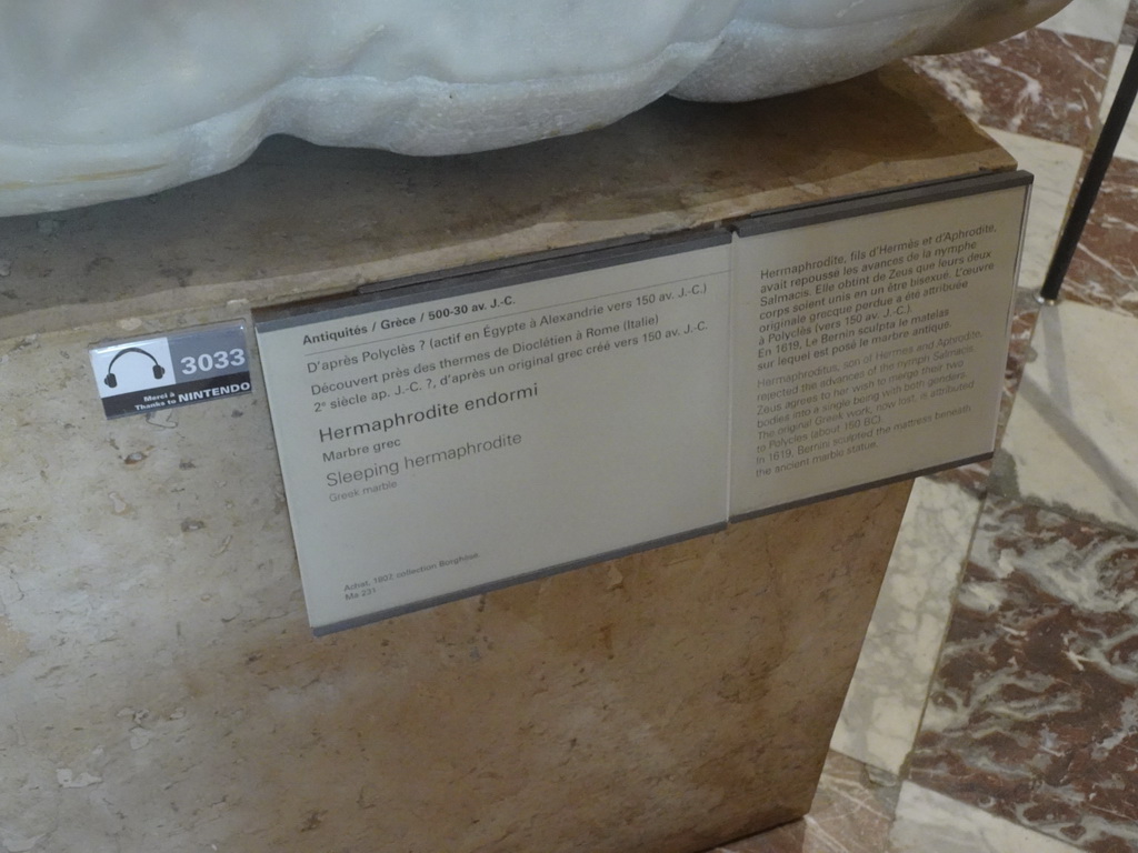 Explanation on the statue `Sleeping Hermaphrodite` at the Salle des Cariatides room at the Ground Floor of the Sully Wing of the Louvre Museum