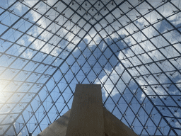 The Louvre Pyramid at the Cour Napoleon courtyard, viewed from the lobby at the Lower Ground Floor of the Louvre Museum