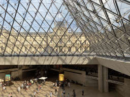 The lobby at the Lower Ground Floor and the Pavillon de l`Horloge pavilion at the Sully Wing of the Louvre Museum, viewed from the staircase to the Louvre Pyramid at the Cour Napoleon courtyard