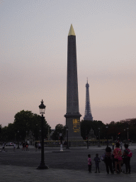 The Luxor Obelisk at the Place de la Concorde square and the Eiffel Tower, at sunset