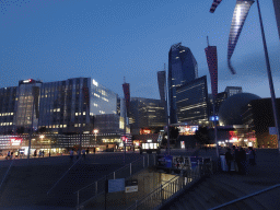 Front of the Westfield Les 4 Temps shopping mall and the Tour Hekla tower at the Parvis de la Défense square, by night