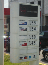 Sign with gasoline prices at the town of Meljine, viewed from the tour bus on the E65 road