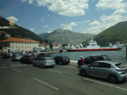 The Kamenari Lepetani ferry at the Kamenari Harbour and the Bay of Kotor, viewed from the tour bus on the E65 road