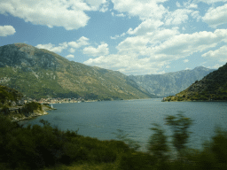 The Bay of Kotor and the town of Perast, viewed from the tour bus on the E65 road just north of the town of Kamenari