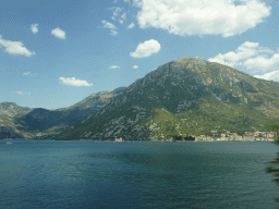 The Bay of Kotor with the Our Lady of the Rocks Island and the Saint George Island, viewed from the tour bus on the E65 road just east of the town of Kostanjica