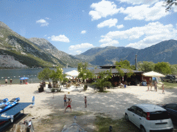 The Morinjska Plaa Beach at the town of Morinj and the Bay of Kotor, viewed from the tour bus on the E65 road