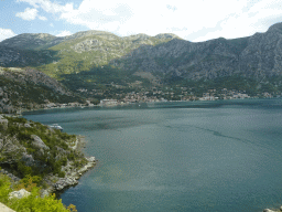 The Bay of Kotor and the town of Risan, viewed from the tour bus on the E65 road