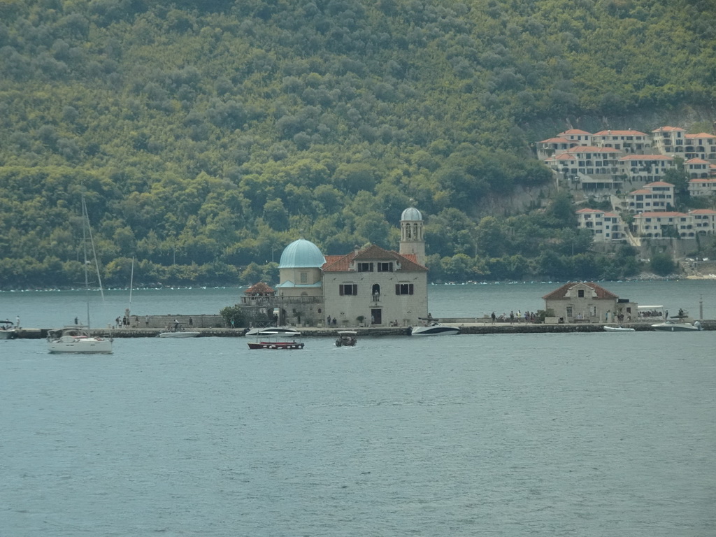 The Bay of Kotor with the Our Lady of the Rocks Island and the town of Kostanjica, viewed from the parking lot at the west side of the town