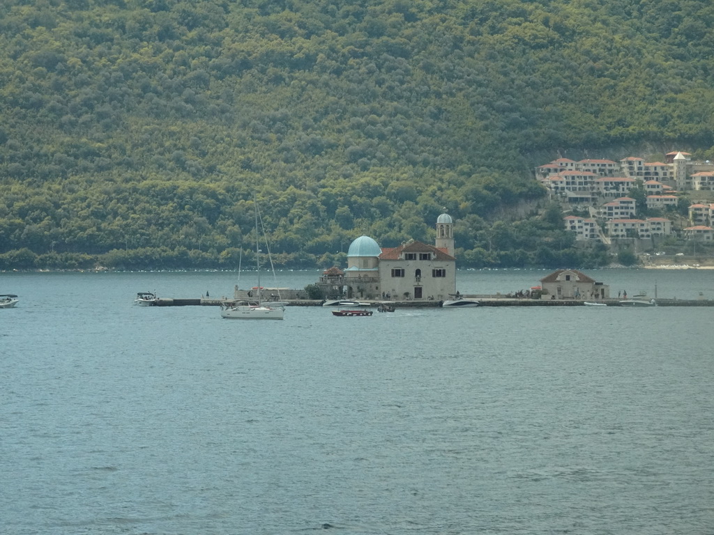 The Bay of Kotor with the Our Lady of the Rocks Island and the town of Kostanjica, viewed from the parking lot at the west side of the town