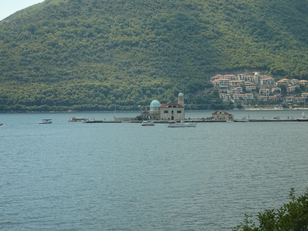 The Bay of Kotor with the Our Lady of the Rocks Island and the town of Kostanjica, viewed from the parking lot at the west side of the town