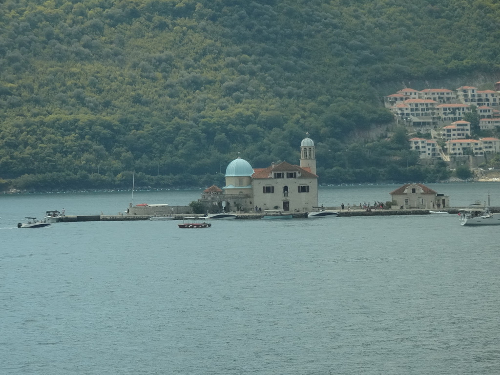 The Bay of Kotor with the Our Lady of the Rocks Island and the town of Kostanjica, viewed from the parking lot at the west side of the town