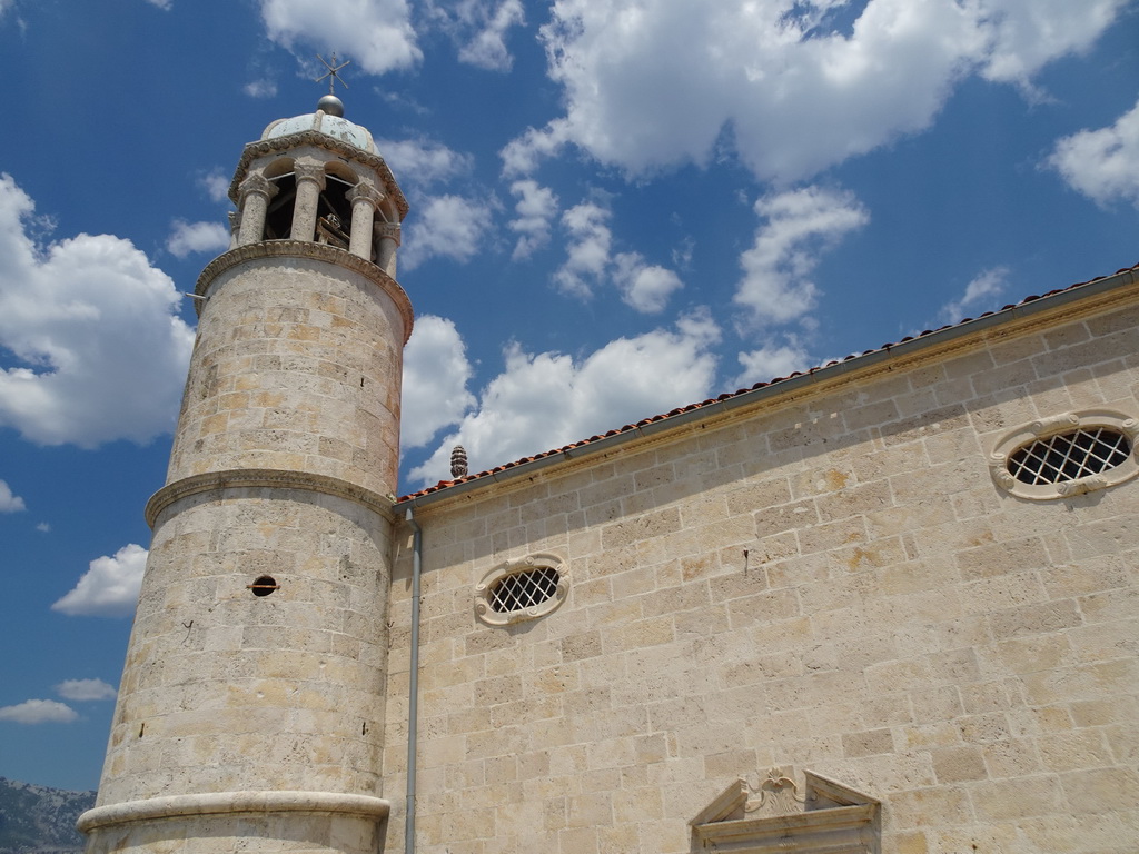 Southwest facade and tower of the Church of Our Lady of the Rocks at the Our Lady of the Rocks Island