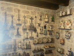 Plates, cups, chandeleers and statuettes at the upper floor of the museum at the Church of Our Lady of the Rocks at the Our Lady of the Rocks Island