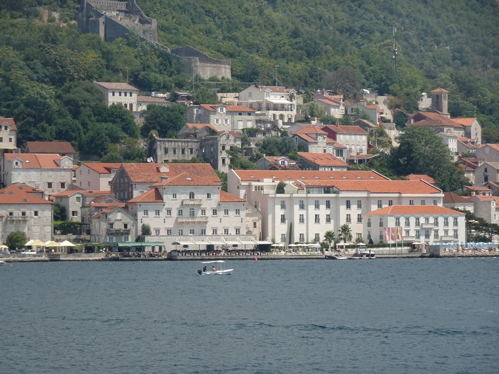 The town center with the Tvrdava sv. Kria fortress, viewed from the upper floor of the museum at the Church of Our Lady of the Rocks at the Our Lady of the Rocks Island