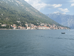 Boats in front of the town center with the Church of Saint Nicholas, the Tvrdava sv. Kria fortress, the Zmajevic Palace and the Crkva Gospe od Ruarija church, viewed from the upper floor of the museum at the Church of Our Lady of the Rocks at the Our Lady of the Rocks Island