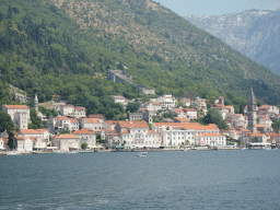 The town center with the Church of Saint Nicholas, the Tvrdava sv. Kria fortress, the Zmajevic Palace and the Crkva Gospe od Ruarija church, viewed from the roof terrace of the Church of Our Lady of the Rocks at the Our Lady of the Rocks Island