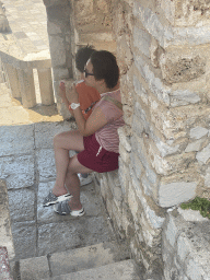 Miaomiao and Max eating ice cream at the staircase from the roof terrace of the Church of Our Lady of the Rocks at the Our Lady of the Rocks Island