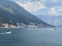 Boats in front of the town center with the Church of Saint Nicholas, the Tvrdava sv. Kria fortress, the Zmajevic Palace and the Crkva Gospe od Ruarija church, viewed from the roof terrace of the Church of Our Lady of the Rocks at the Our Lady of the Rocks Island