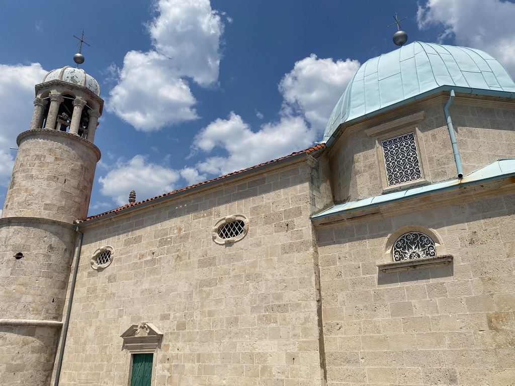 Southwest facade and tower of the Church of Our Lady of the Rocks at the Our Lady of the Rocks Island