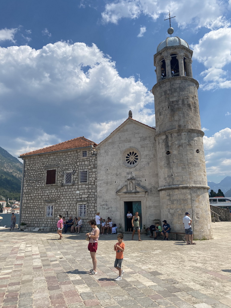 Miaomiao and Max at the northwest side and tower of the Church of Our Lady of the Rocks at the Our Lady of the Rocks Island