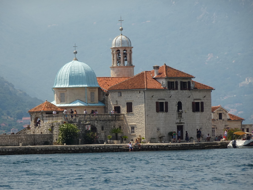 The Our Lady of the Rocks Island and boat, viewed from the ferry from the Our Lady of the Rocks Island to the town center