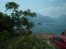 The Bay of Kotor with the Our Lady of the Rocks Island and the Saint George Island, viewed from the tour bus on the E65 road