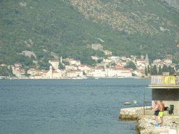The Bay of Kotor and the town of Perast, viewed from the tour bus on the E65 road at the town of Kostanjica