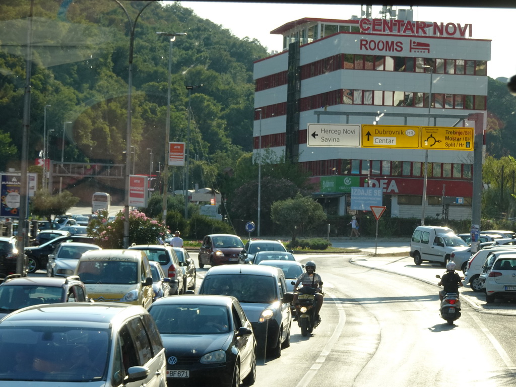 Building at a roundabout at the town of Meljine, viewed from the tour bus on the E65 road