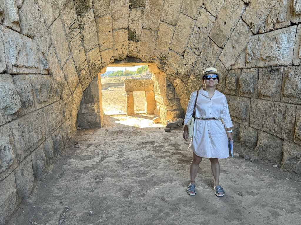 Miaomiao at the gate at the north side of the Stadium at the Ancient City of Perge