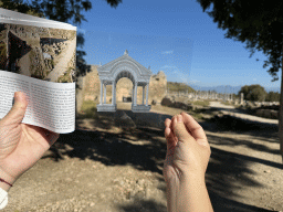 South side of the Roman Gate at the south side of the City Walls at the Ancient City of Perge, with a reconstruction in a travel guide