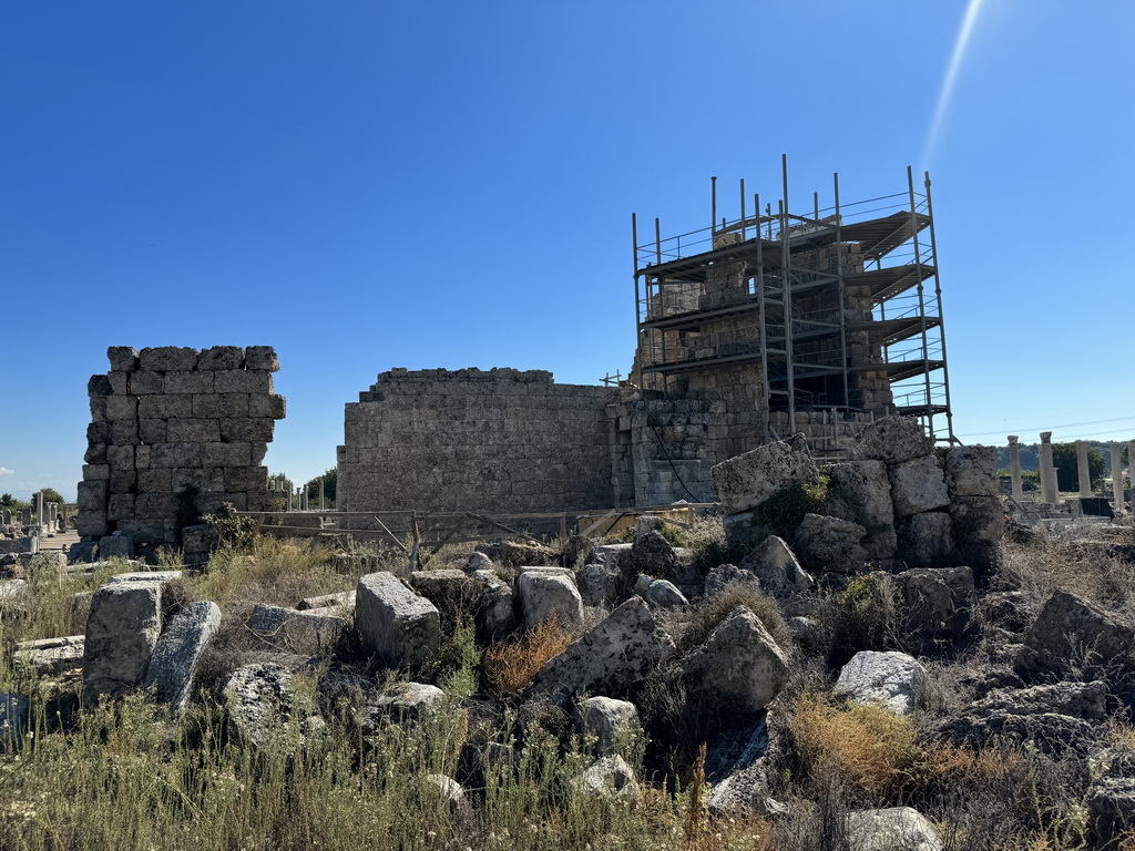 The Hellenistic City Gate and Towers at the Ancient City of Perge, under renovation, viewed from the Claudius Peison Gallery of the Southern Bath