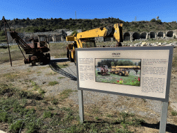 Cranes in front of the southeast side of the Stadium and the east side of the Roman Theatre of Perge at the Ancient City of Perge, with explanation