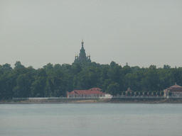 The Monplaisir Palace and the towers of the St. Peter and Paul Cathedral, viewed from the hydrofoil from Saint Petersburg
