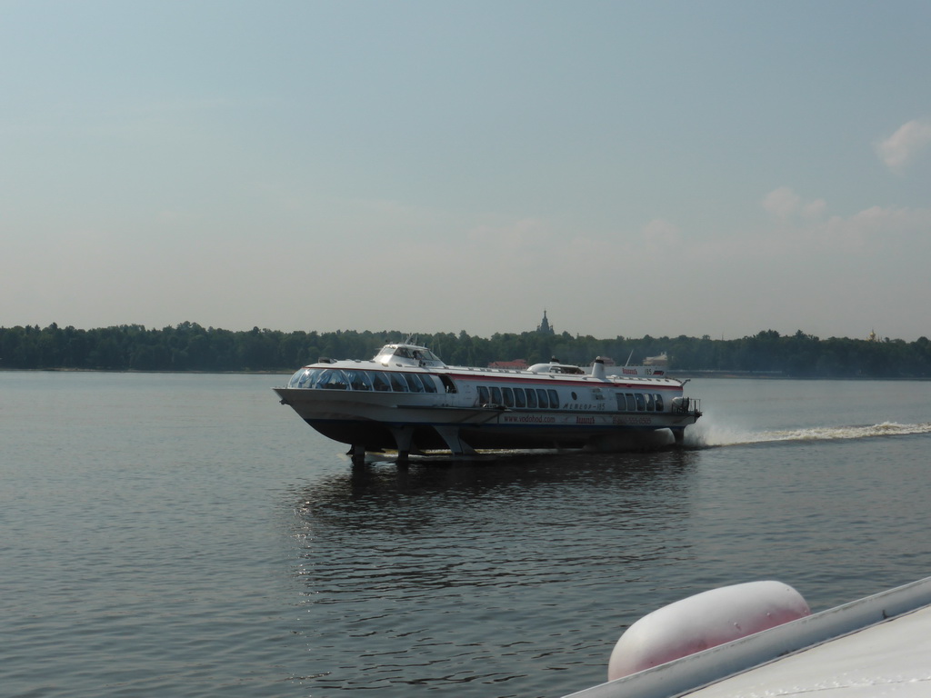 Hydrofoil in the Gulf of Finland and the towers of the St. Peter and Paul Cathedral, viewed from the hydrofoil from Saint Petersburg