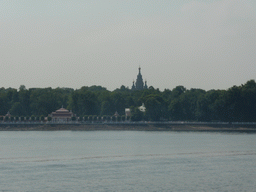The Monplaisir Palace and the towers of the St. Peter and Paul Cathedral, viewed from the hydrofoil from Saint Petersburg