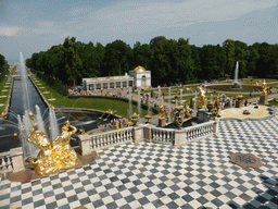 The Samson Fountain, the Great Cascade, the Samsonovskiy Canal, the Morskoy Canal and the French Fountain, viewed from the front of the Great Palace
