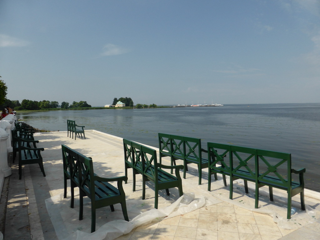 View from the Monplaisir Palace on the Gulf of Finland, the Imperial Yacht Museum and the Peterhof Hydrofoil Pier