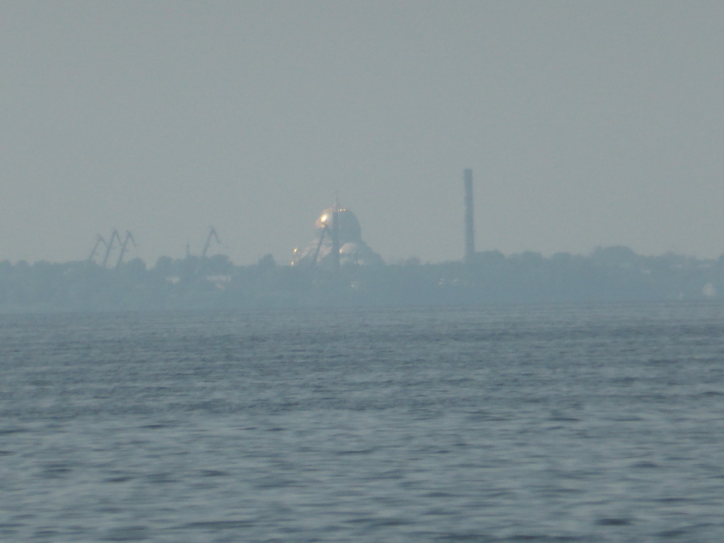 The Naval Cathedral of Saint Nicholas in Kronstadt, viewed from the hydrofoil to Saint Petersburg