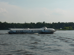 Hydrofoil in the Gulf of Finland and the towers of the St. Peter and Paul Cathedral, viewed from the hydrofoil to Saint Petersburg