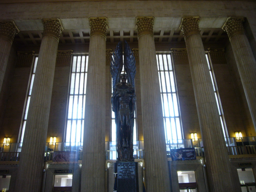 The Pennsylvania Railroad World War II Memorial (a statue of archangel Michael) in 30th Street Station