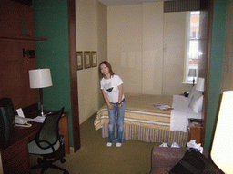 Miaomiao in our room in the Club Quarters in Philadelphia hotel