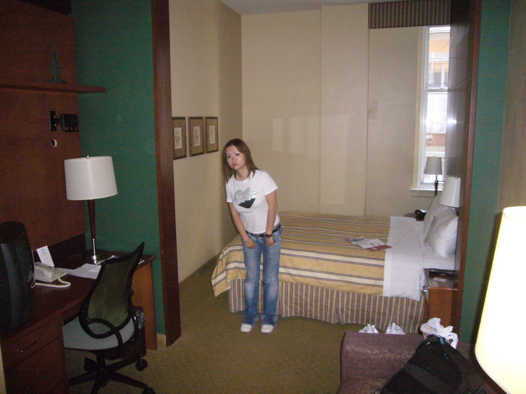 Miaomiao in our room in the Club Quarters in Philadelphia hotel