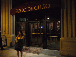 Miaomiao in front of the Brazilian restaurant `Fogo de Chão`, by night