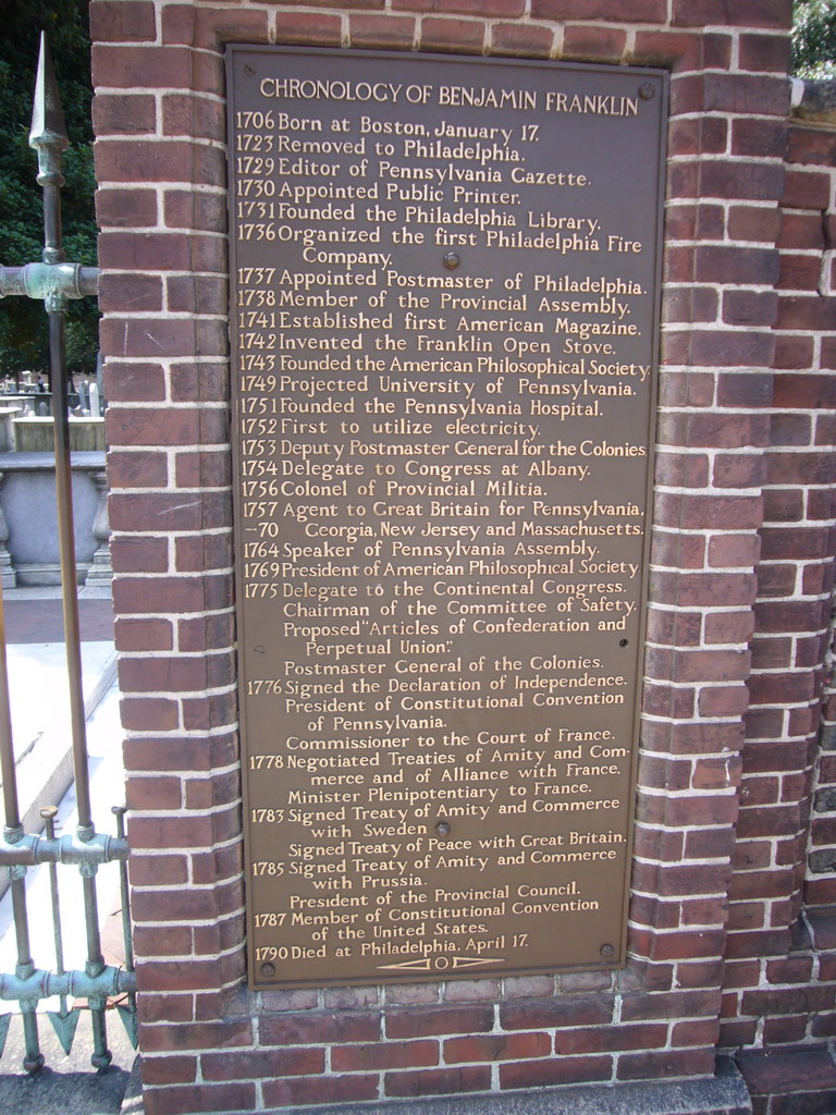 Inscription of the Chronology of Benjamin Franklin, at Christ Church Burial Ground