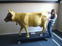 Miaomiao and a cow with the Declaration of Independence written on it, in the Independence Visitor Center