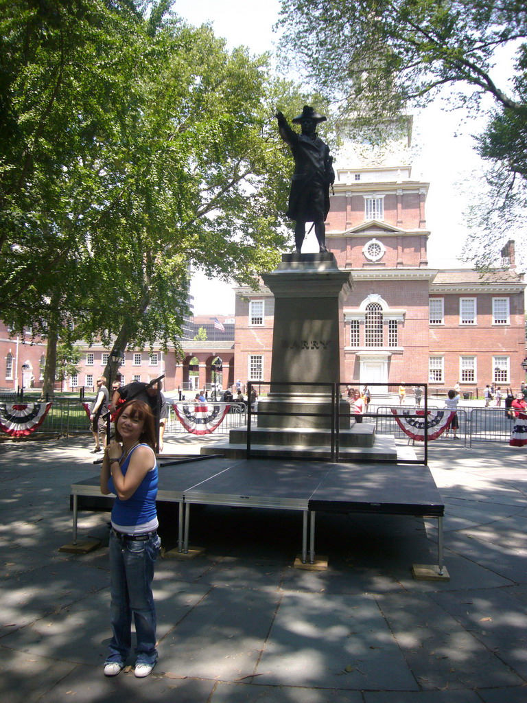 Miaomiao at Independence Square, with the Commodore John Barry statue and Independence Hall